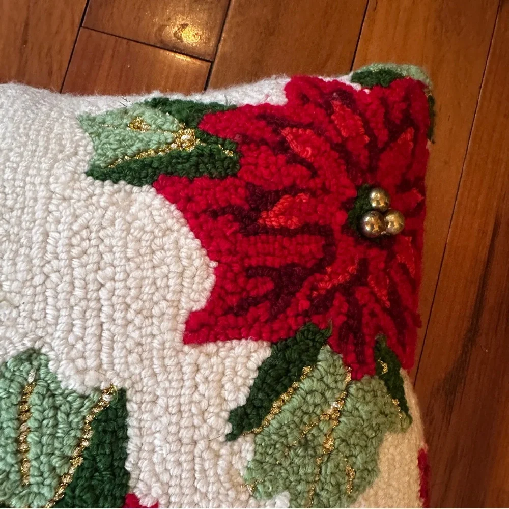 Festive Red and Green Hand Hooked Poinsettia Pillow Holiday Decor Christmas
